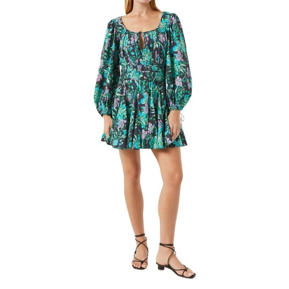 Rhode Leona Dress Womens Size Small Hibiscus Green Floral Long Sleeve Mini Dress